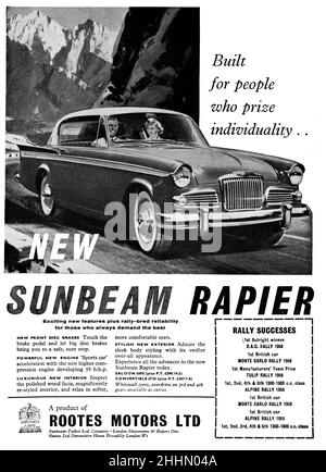 Une publicité vintage pour la voiture Sunbeam Rapier, de Motor Sport Magazine, 1959 Banque D'Images