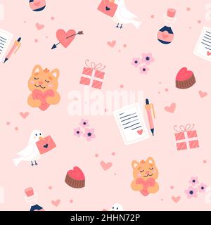 Motif Saint-Valentin avec de jolis colombes, chats et lettres d'amour.Illustration vectorielle dessinée à la main Illustration de Vecteur