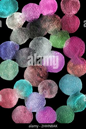 Motif puéril.Fête anniversaire célébration fond.Aquarelle fêtes confetti cercles dans le style de memphis, bulles sur noir.Design pour fonds d'écran, emballage, papier d'emballage. Banque D'Images