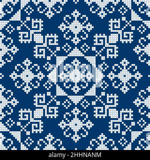 L'art folklorique traditionnel rétro vectoriel de Bosnie-Herzégovine est sans couture - Zmijanje point de croix style design blanc sur bleu marine Illustration de Vecteur