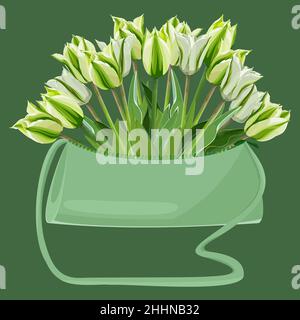 Bouquet de tulipes blanches-vertes florales dans un sac vert sur fond vert Illustration de Vecteur