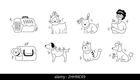 Jeu d'icônes de ligne vétérinaire PET clinique.Modèle d'autocollant pour animal de compagnie, animal, chat, chien pour vétérinaire.Style Doodle animal et caractère.Illustration vectorielle. Illustration de Vecteur