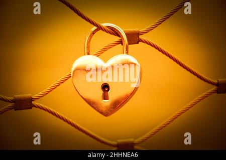 Cadenas d'amour en forme de coeur à Paris.La Saint-Valentin.Photo en tons.Bonheur.Vignette. Banque D'Images