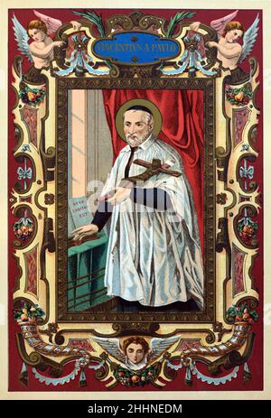 Saint Vincent de Paul (1581-1660) prêtre catholique français.Chromolithographe de l'édition 1887 de la vie des saints de Butler. Banque D'Images