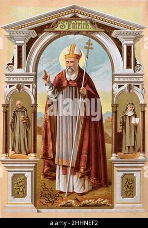 Saint Patrick, Saint Columba et Saint Brigid de Kildare ou Irlande.Chromolithographe de l'édition 1887 de la vie des saints de Butler. Banque D'Images