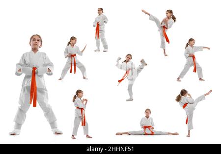 Collage.Jeune fille sportive, adolescent, entraînement d'athlète taekwondo isolé sur fond blanc.Concept du sport, de l'éducation, des compétences Banque D'Images