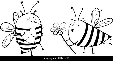 Couple d'abeilles en amour présentant fleurs dessin animé pour enfants Illustration de Vecteur