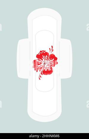 Tampon sanitaire femelle avec symbole de fleur de sang rouge.Serviette de table de menstruation, symbole de la période de la femme.Illustration vectorielle plate isolée sur fond rose Illustration de Vecteur