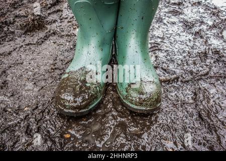 Gros plan d'une paire de bottes Green Muddy wellington pour femmes, debout dans une piscine de boue humide après une promenade dans la forêt à Petts Wood 17 janvier 2021 Banque D'Images