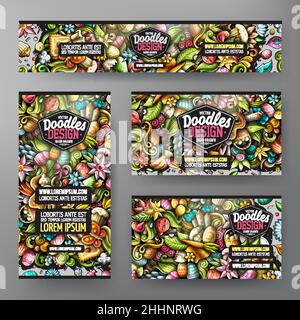 Ensemble de modèles d'identité d'entreprise de Pâques à motif vectoriel de dessins animés.Des bannières rigoles colorées, des cartes d'identité, des couches pour l'utilisation sur le marquage, des invitations, des cartes Illustration de Vecteur