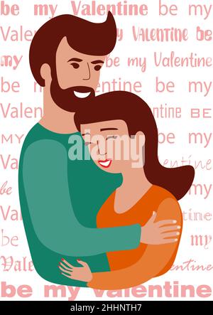 Carte de voeux pour la Saint-Valentin avec jeune couple sur fond de forme abstraite dessin de style plat Illustration de Vecteur