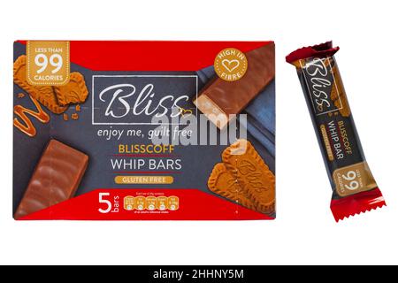 Boîte de Bliss Blisscoff whip barres gluten free Enjoy Me Guilt Free moins de 99 calories avec un retiré isolé sur fond blanc Banque D'Images