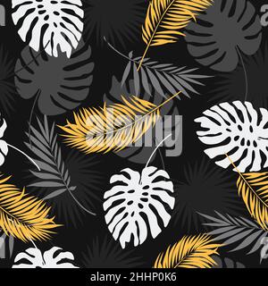 Motif vectoriel sans couture avec feuilles tropicales dorées et noires sur fond sombre. Illustration de Vecteur