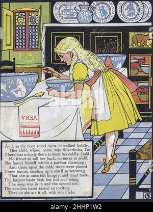 Les trois ours illustrés par Walter Crane 1873.Publié à Londres par George Routledge and Sons.'Goldilocks and the Three Bears' (à l'origine intitulé 'The Story of the Three Bears') est un conte de fées britannique de 19th siècles dont trois versions existent.La version originale de l'histoire raconte une vieille femme pas-si-polie qui entre dans la maison de forêt de trois Bachelor Bears pendant qu'ils sont loin.Elle s'assoit dans leurs chaises, mange une partie de leur soupe, s'assoit sur l'une de leurs chaises et la casse, et dort dans un de leurs lits.Quand les ours reviennent et la découvrent, elle se réveille, saute du vent Banque D'Images