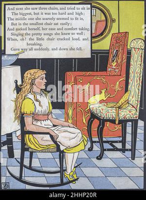 Les trois ours illustrés par Walter Crane 1873.Publié à Londres par George Routledge and Sons.'Goldilocks and the Three Bears' (à l'origine intitulé 'The Story of the Three Bears') est un conte de fées britannique de 19th siècles dont trois versions existent.La version originale de l'histoire raconte une vieille femme pas-si-polie qui entre dans la maison de forêt de trois Bachelor Bears pendant qu'ils sont loin.Elle s'assoit dans leurs chaises, mange une partie de leur soupe, s'assoit sur l'une de leurs chaises et la casse, et dort dans un de leurs lits.Quand les ours reviennent et la découvrent, elle se réveille, saute du vent Banque D'Images