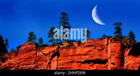 Les falaises de roche rouge du parc national de Zions Utah explorent des montagnes sauvages accidentées avec croissant de lune Banque D'Images