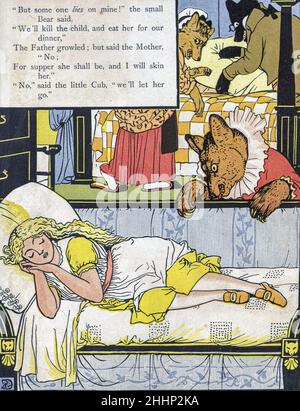 Les trois ours illustrés par Walter Crane 1873.Publié à Londres par George Routledge and Sons.'Goldilocks and the Three Bears' (à l'origine intitulé 'The Story of the Three Bears') est un conte de fées britannique de 19th siècles dont trois versions existent.La version originale de l'histoire raconte une vieille femme pas-si-polie qui entre dans la maison de forêt de trois Bachelor Bears pendant qu'ils sont loin.Elle s'assoit dans leurs chaises, mange une partie de leur soupe, s'assoit sur l'une de leurs chaises et la casse, et dort dans un de leurs lits.Quand les ours reviennent et la découvrent, elle se réveille, saute du vent Banque D'Images