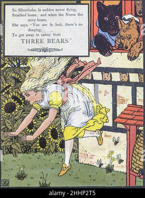 Les trois ours illustrés par Walter Crane 1873.Publié à Londres par George Routledge and Sons.'Goldilocks and the Three Bears' (à l'origine intitulé 'The Story of the Three Bears') est un conte de fées britannique de 19th siècles dont trois versions existent.La version originale de l'histoire raconte une vieille femme pas-si-polie qui entre dans la maison de forêt de trois Bachelor Bears pendant qu'ils sont loin.Elle s'assoit dans leurs chaises, mange une partie de leur soupe, s'assoit sur l'une de leurs chaises et la casse, et dort dans un de leurs lits.Quand les ours reviennent et la découvrent, elle se réveille, saute du vent Banque D'Images