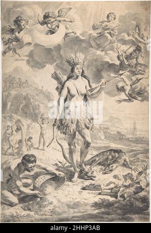 Allégorie de l’Amérique du milieu du 17th au fin du 17th siècle Nicolaes Berchem Dutch ce dessin a servi de modèle pour une page de titre gravée dans le deuxième volume d’un atlas sur les Amériques, Atlas Maior de Joan Blaeu (Amsterdam, 1662).Berchem, dessinateur et peintre prolifique spécialisé dans les paysages, a reconfiguré l'allégorie du Nouveau monde pour un contexte hollandais en y incluant un cadre détaillé faisant allusion au commerce et à la religion.Aux pieds de la femme indigène, un autre indigène verse de l’or.Une salamandre et des barres d'or suggèrent l'exotisme et les richesses associées aux Amériques.Les scènes d'arrière-plan montrent le métal Banque D'Images