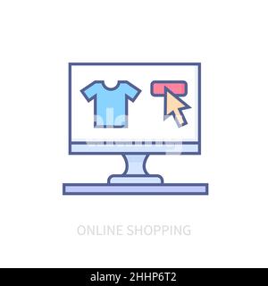 Shopping en ligne - icône moderne de style de design de ligne colorée sur fond blanc.Image nette et détaillée de l'écran d'ordinateur et d'un site Web commercial où yo Illustration de Vecteur
