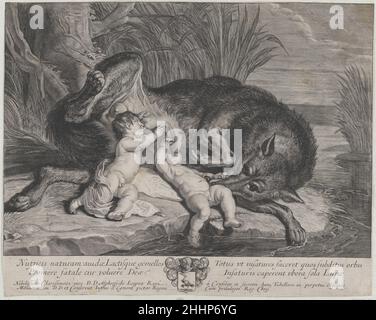 Romulus et Remus sucer le loup-she sur une rive ca.1650–75 Anonyme.Romulus et Remus sucent le loup-she sur une rive.Après Jutus van Egmont (flamand, Leiden 1601–1674 Anvers). Env.1650–75.Gravure.Imprime Banque D'Images