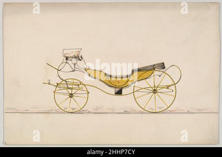 Design pour Cabriolet (non numéroté) 1850–70 Brewster & Co. American Carriage dessin de conception pour un Calesche.Capote repliée, botte squelette, corps central rabattable, corps ouvert, siège de coachman avec coussin de coin, sièges de passager face à face, siège orienté vers l'arrière rabattable.Double lampe de cheminée carrée à côté du siège du coachman.Ailes.Une marche repliable sous la porte.Deux ressorts elliptiques et en forme de cée à l'avant et à l'arrière.Carrosserie jaune, moulure noire, garniture marron clair, train de roulement jaune, emblème sur la porte.Design pour Cabriolet (non numéroté).1850–70.Stylo et encre noire, aquarelle et gouache, avec gomme arabique.Mises en plan Banque D'Images