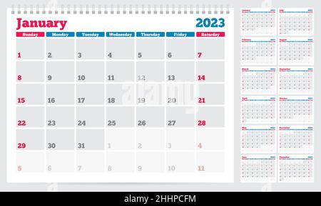 Calendrier 2023 modèle de planificateur.La semaine commence le dimanche.Ensemble de 12 mois.Illustration vectorielle Illustration de Vecteur