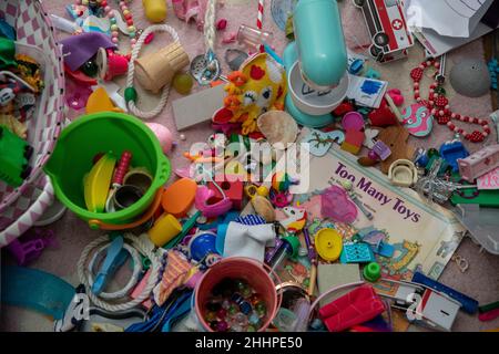 Divers jouets pour petits enfants assortis sur un tapis et un livre intitulé « trop de jouets » Banque D'Images