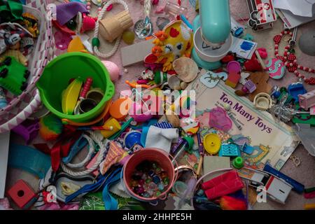 Divers jouets pour petits enfants assortis sur un tapis et un livre intitulé « trop de jouets » Banque D'Images