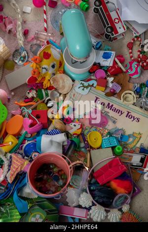 Divers jouets pour petits enfants assortis sur un tapis et un livre intitulé « trop de jouets » Banque D'Images