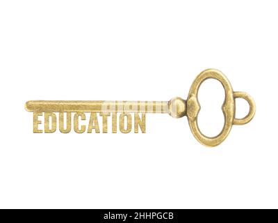 Clés anciennes en bronze vintage avec mot Education isolée sur fond blanc.Chance et capacité du concept Banque D'Images