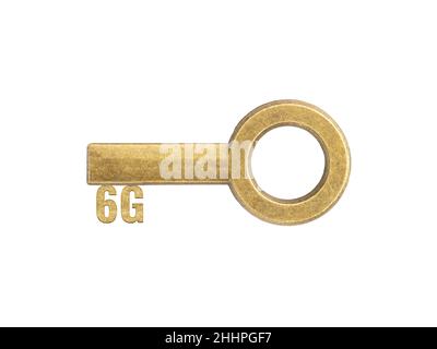 Clés anciennes en bronze vintage avec le mot 6G isolé sur blanc.Opportunité et capacité du concept Banque D'Images