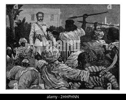 Illustration en noir et blanc; la mort du général Gordon à Khartoum, Égypte, 26 janvier 1885 Banque D'Images