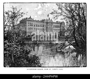 Illustration noir et blanc ; Buckingham Palace depuis St Jame's Park, Londres, vers 1885 Banque D'Images