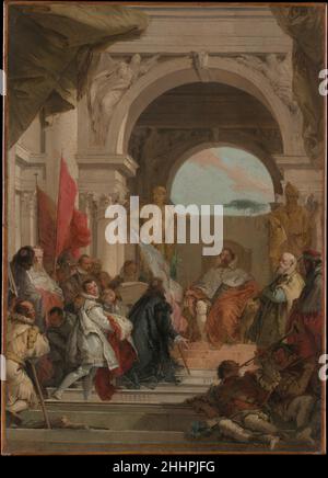L'investiture de l'évêque Harold comme duc de Franconie ca.1751–52 Giovanni Battista Tiepolo Italien ce croquis à l'huile est préparatoire à une fresque dans la magnifique Kaisersaal (salle de réception) du Residenz, ou Palais du Prince-Evêque, à Würzburg.Il représente un événement dans l'histoire de la ville ancienne.En l'an 1168, l'empereur Frederick I Barbarossa donna à Harold de Hochheim, évêque de Würzburg, le titre de duc de Franconie.Les représentations d’un événement relativement obscur, vieux de six cents ans, ont célébré la lignée et la légitimité des dirigeants de la région.L'investiture de l'évêque Harold en tant que duc Banque D'Images