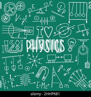 Jeu d'icônes de symboles Phisics.Motif science-doodle.Concept d'éducation et d'étude.De retour à l'école un arrière-plan esquisse pour le bloc-notes, pas le bloc-notes Illustration de Vecteur