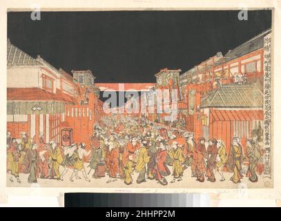 Perspective Picture (Uki-e): Quartier des théâtres à l'aube le jour d'ouverture de la saison Kabuki ca.1780 Utagawa Toyoharu Japonais comme Broadway à New York, les quartiers de Sakaichō et Fukiyachō étaient le centre du quartier des théâtres d'Edo, qui était particulièrement animé la nuit du kaomise, la cérémonie d'ouverture de la saison Kabuki.Toyoharu, fondateur de l'école Utagawa, était connu pour avoir utilisé une perspective à un point (uki-e), une technique occidentale.Okumura Masanobu (1686–1764) est le premier artiste japonais à utiliser une perspective à un point pour représenter l'espace intérieur, et Toyoharu a été le premier à Banque D'Images