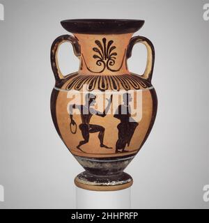 Terre cuite cou-amphora (bocal) 5th siècle C.-B. grec, sud-italien, Campanien Obverse, figure assise avec grenade et figureReverse, homme avec couronne, homme en himation (cloak)A, figure assise avec grenade et femme debout; B, homme courant avec couronne et homme en himation.Terre cuite cou-amphore (bocal) 247216 Banque D'Images