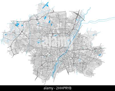 Munchen, Bavière, Allemagne carte vectorielle haute résolution avec frontières de la ville et chemins modifiables.Contours blancs pour les routes principales.Beaucoup de chemins détaillés.Bleu Illustration de Vecteur