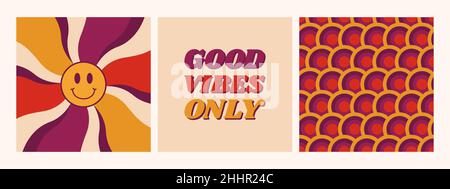 Ensemble d'affiches rétro colorées vintage des années 70.Motif vectoriel hippie idéal pour les t-shirts, les affiches, les cartes et les autocollants. Illustration de Vecteur