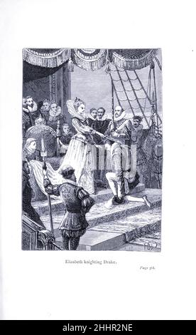 La reine Elizabeth Knights Drake [Sir Francis Drake (c.1540 – 28 janvier 1596) était un explorateur anglais, capitaine de mer, corsaire, commerçant d'esclaves, officier naval,et politicien.Drake est surtout connu pour son tour du monde en une seule expédition, de 1577 à 1580.Il a notamment fait son incursion dans l'océan Pacifique, jusqu'alors une région d'intérêt espagnol exclusif, et sa revendication à New Albion pour l'Angleterre, une région dans ce qui est maintenant l'état américain de Californie.Son expédition inaugurait une ère de conflit avec les Espagnols sur la côte ouest des Amériques, une région qui était auparavant Banque D'Images