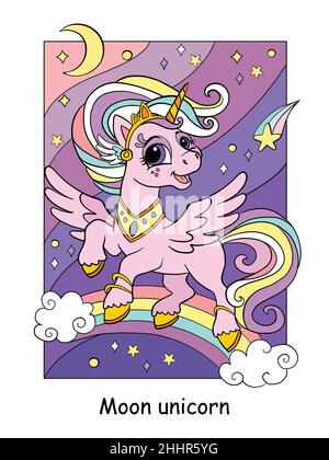 Jolie princesse Unicorn volant dans le ciel avec un arc-en-ciel, des étoiles et une lune.Illustration de dessin animé vectoriel.Pour carte, impression, design, autocollants, décoration,protection des biens – enfants Illustration de Vecteur