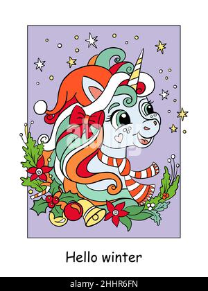 Adorable et drôle, adorable tête de licorne avec couronne de noël sur fond étoilé.Illustration de dessin animé vectoriel.Pour cartes, imprimés, motifs, autocollants, déco Illustration de Vecteur