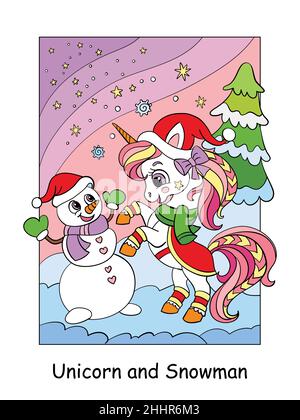 Une licorne mignonne et amusante avec un bonhomme de neige sur fond d'hiver.Illustration de dessin animé vectoriel.Pour carte, impression, design, autocollants, décoration,vêtements pour enfants, puz Illustration de Vecteur