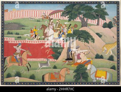 Plaisirs de la chasse ca.1800 North India, Punjab Hills, Kangra cette chasse se déroule dans une enceinte à tented, ou qamargha.Un prince et une princesse à cheval, chacun tenant un faucon de chasse, observez le cerf tiré par une princesse au loin.Ce même huntress réapparaît deux fois au premier plan, à l'extérieur de l'enceinte en tissu rouge : à gauche, en tirant sur un cerf, et à droite, en faisant l'amour avec un courtier qui démontre ses prouesses en pointant simultanément une flèche vers un tigre qui s'approche.Les chevaux appartenant au couple amoreux attendent patiemment à proximité; on a son visage couvert pour l'empêcher d'être Banque D'Images