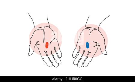 Concept de choix.Pilules bleues et rouges dans deux mains comme dans la matrice.Une illustration vectorielle de dessin au trait continu Illustration de Vecteur