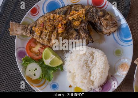 Poisson frit avec salade et riz blanc Banque D'Images