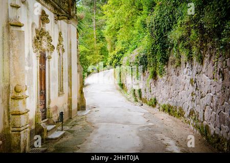 Un sentier serpente à travers un jardin verdoyant, le long d'un beau bâtiment blanc et d'un mur de pierre couvert de lierre à Sintra, Portugal Banque D'Images