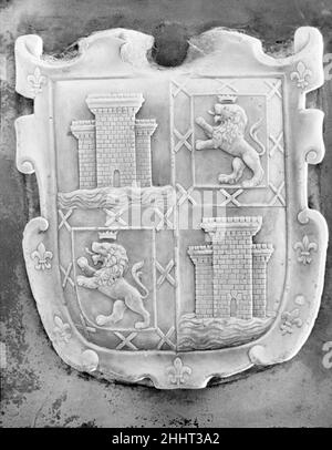 Bouclier d'Armorial 16th siècle espagnol.Bouclier d'Armorial.Espagnol.16th siècle.Pierre.Sculpture-architectural Banque D'Images