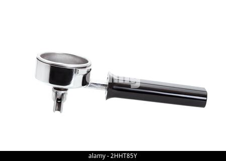 porte-filtre d'une cafetière expresso pour faire du café noir, accessoire pour café en laiton et poignée en plastique vue latérale Banque D'Images